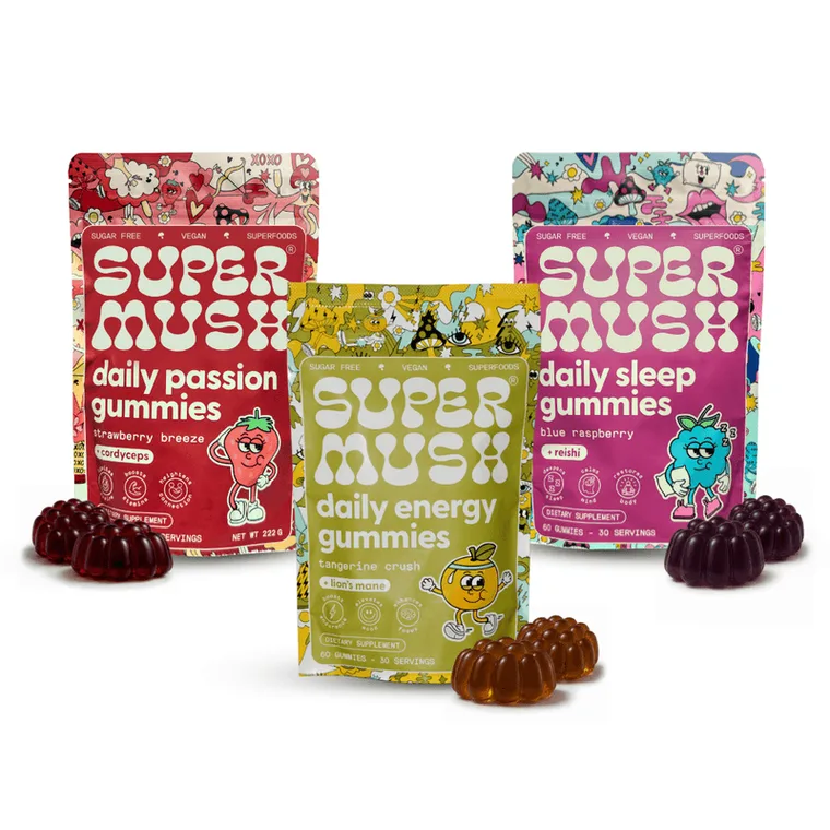 Three pouches of SuperMush Daily gummies: Passion, Energy and Sleep